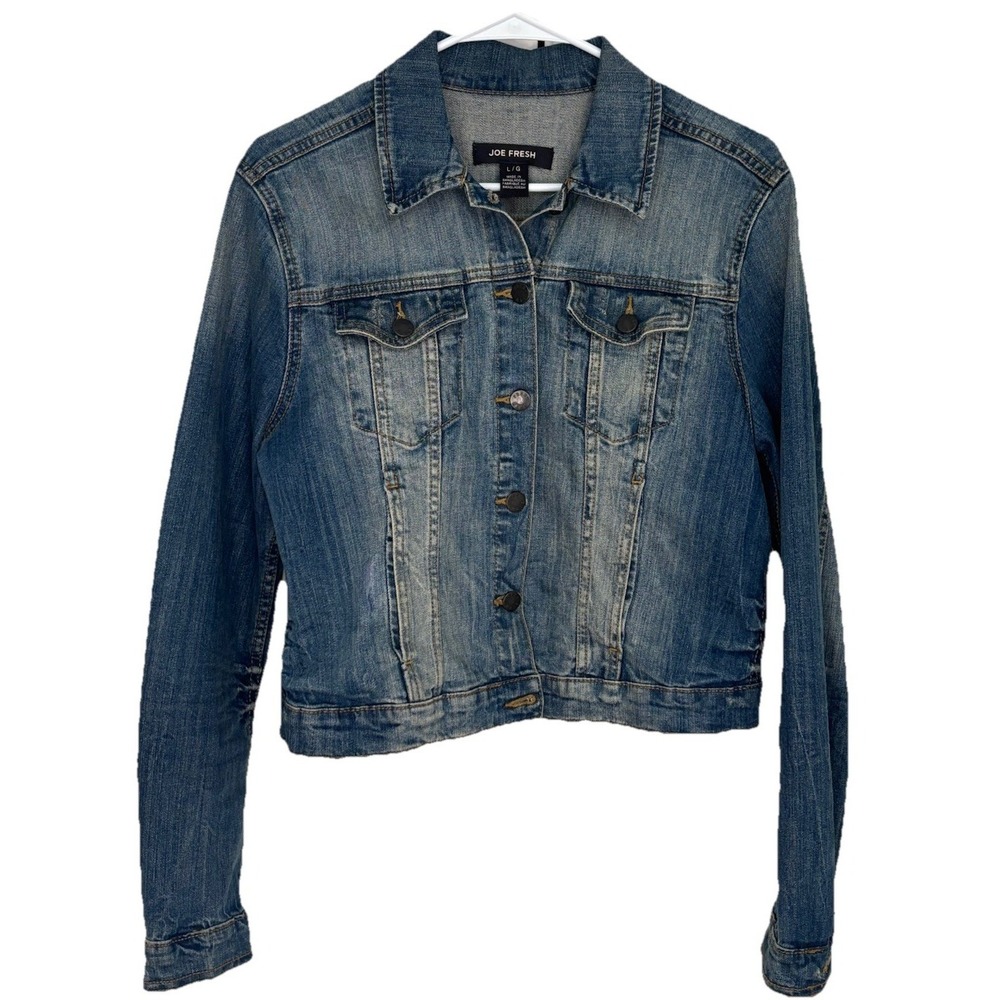 Joe Fresh Y2K Denim Tucker Jean Jacket Womens Large Blue Distressed Long Sleeve
